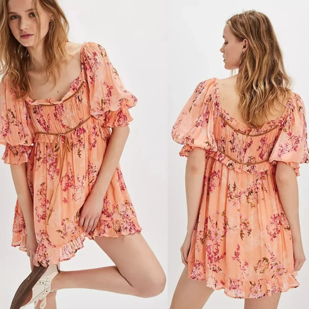 NEW Free People Marney Mini Dress Peach Combo Babydoll Puff Short Sleeve